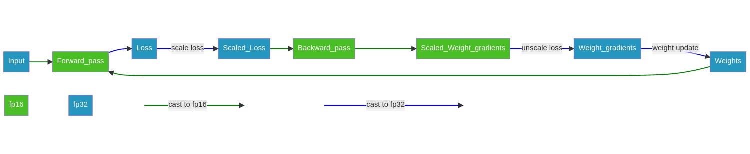 Mixed precision training procedure with loss scaling